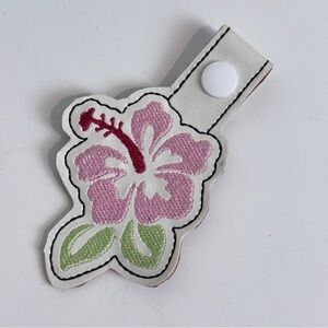 Pink Hibiscus Flower Embroidered Snap Tab Key Fob
